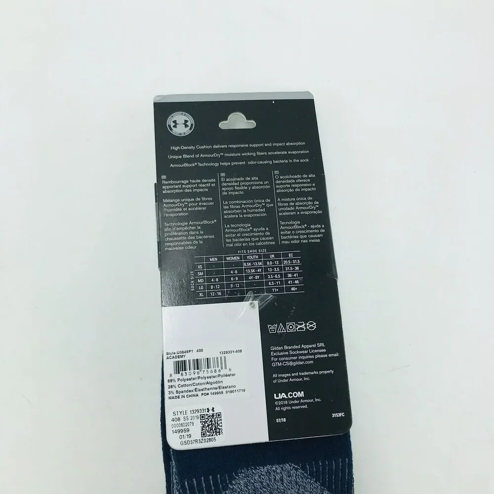 Under Armour Men's 12-16 Training Crew Socks Blue 1 Pair New